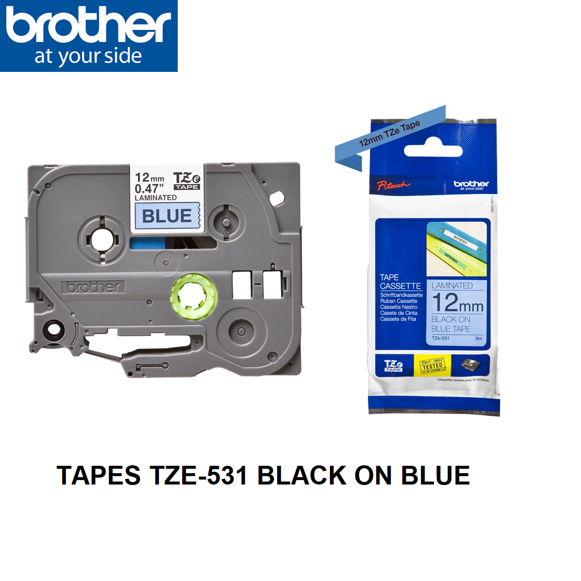 BROTHER TAPE TZE531 BLACK ON BLUE GENUINE TAPE 12MM