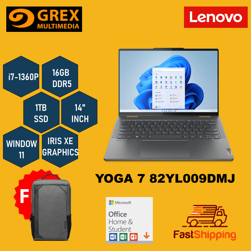 LENOVO YOGA 7 14IRL8 82YL009DMJ LAPTOP (i7-1360P,16GB,1TB SSD,14WUXGA  OLED,IRIS Xe GRAPHICS,WIN11) FREE BACKPACK + PRE-INSTALLED OFFICE H&S